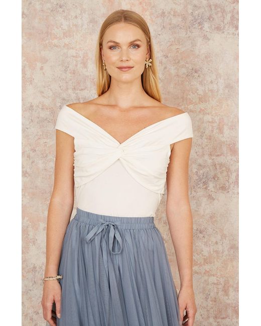 Yumi' Blue Jersey Cotton Bardot Top With Knot Detail