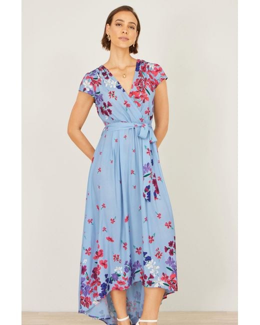 Yumi' Blue Floral Mirror Wrap High Low Midi Wrap Dress