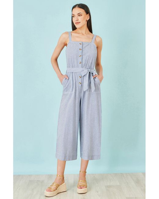Yumi' Blue Cotton Stripe Button Through Jumpsuit