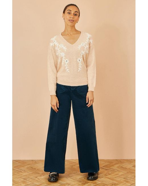 Yumi' Blue Floral Embroidered V Neck Relaxed Knitted Jumper