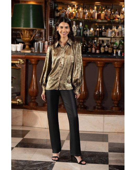 Yumi' Brown Metallic Relaxed Balloon Sleeve Shirt