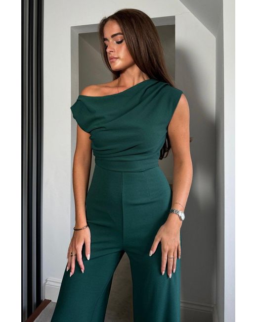 Girl In Mind Green Asymmetric Neckline Wide Leg Jumpsuit