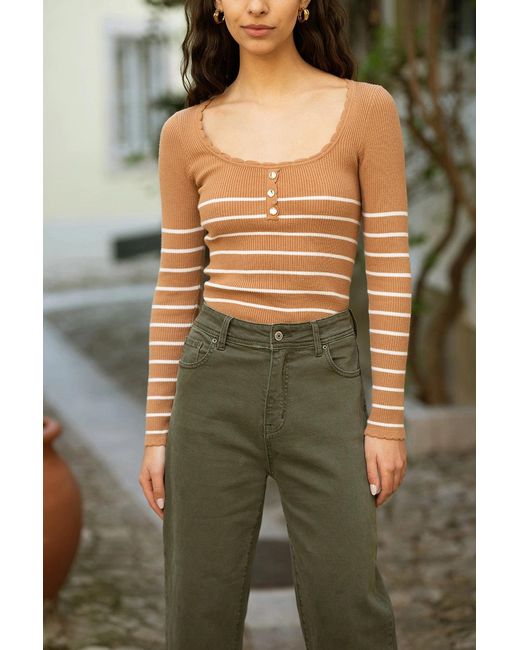 Yumi' Green Stripe Rib Knitted Long Sleeve Top With Button Details