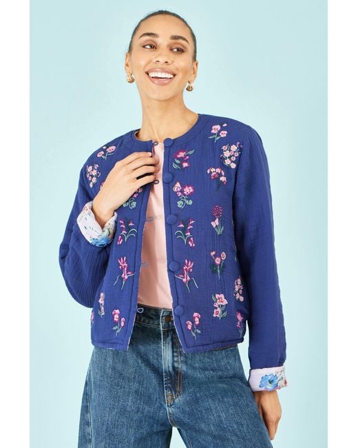 Yumi' Blue Floral Embroidery Cotton Jacket