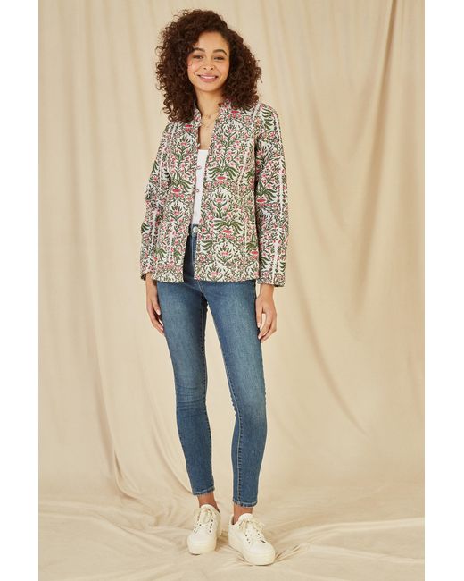 Yumi' Brown Floral Print Reversible Cotton Quilted Jacket