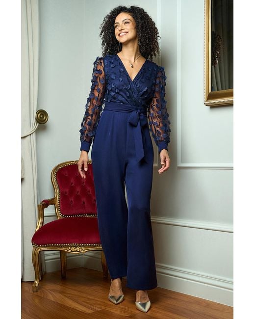 Yumi' Blue Flower Applique Jumpsuit