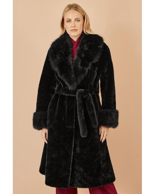 Yumi' Black Wrap Faux Fur Coat With Oversize Collar