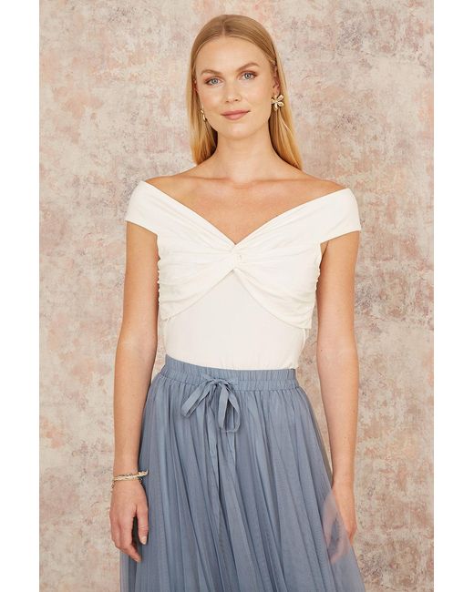 Yumi' Blue Jersey Cotton Bardot Top With Knot Detail