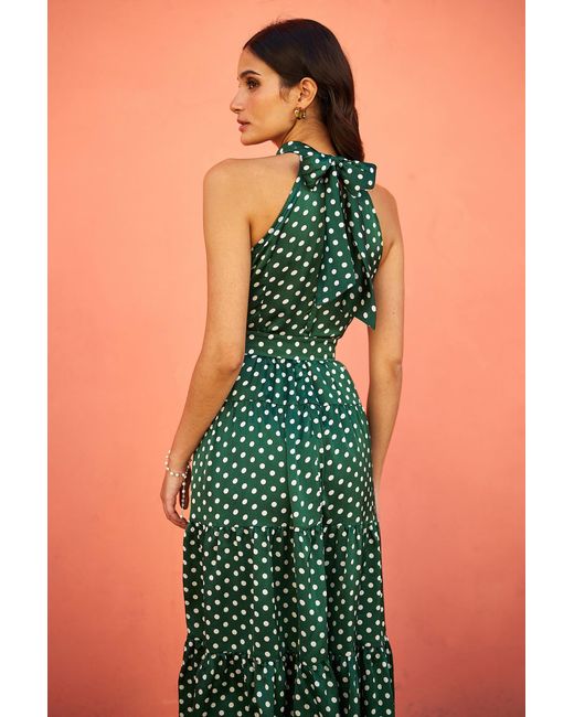 Yumi' Green Spot Print Halter Midi Dress With Matching Belt