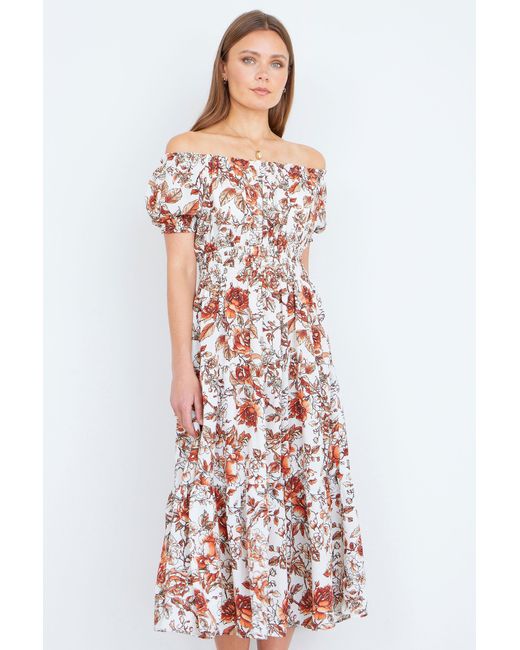 Yumi' White Floral Ruched Waist Midi Dress