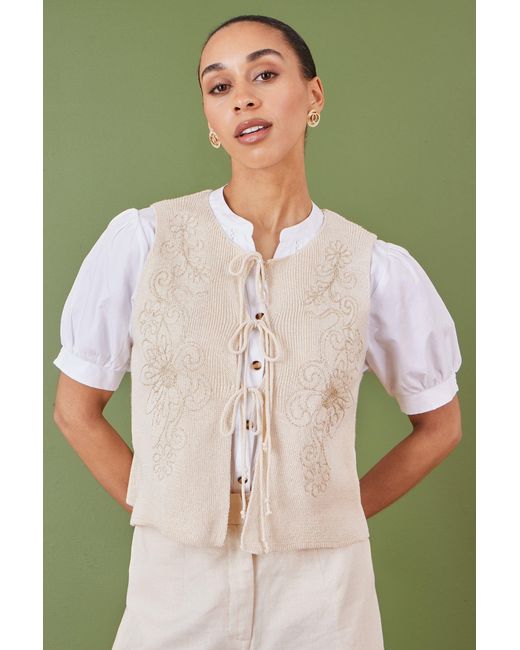 Yumi' Green Knitted Tie Front Waistcoat With Floral Details
