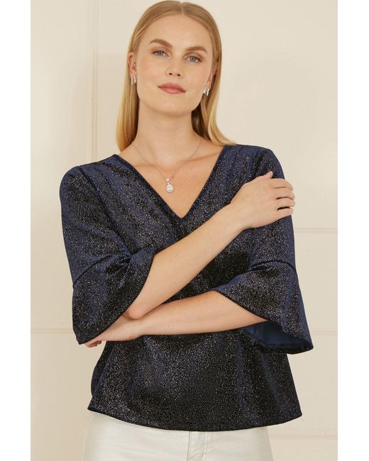 Yumi' Black Sparkle Velvet Relaxed Fit Top With Fluted Sleeves