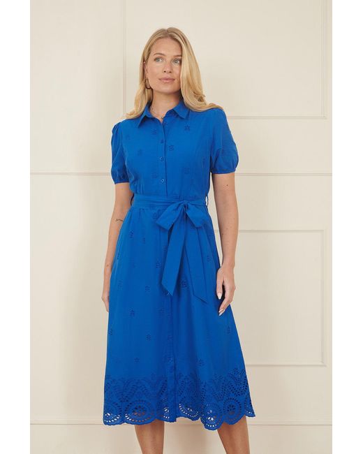 Yumi' Blue Cotton Shirt Midi Dress With Cut Out Details