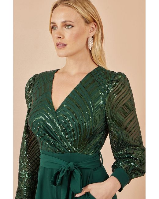 Yumi' Green Sequin Wrap Over Jumpsuit