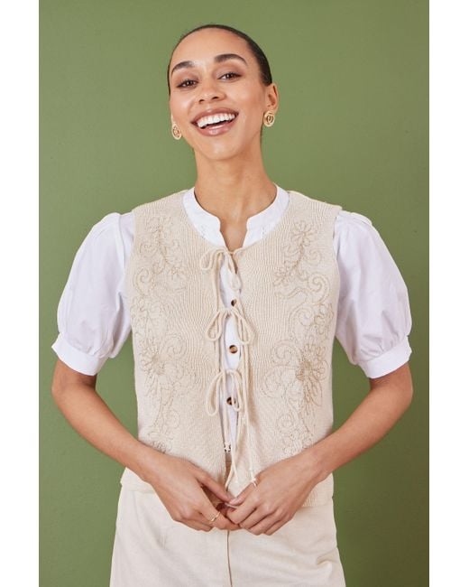 Yumi' Green Knitted Tie Front Waistcoat With Floral Details