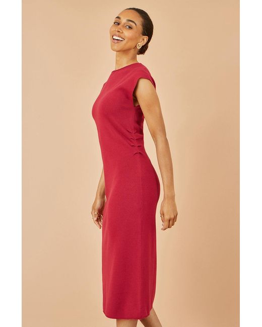 Yumi' Pink Knitted Ruched Midi Dress