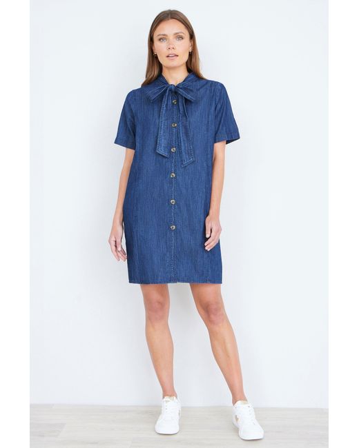 Yumi' Blue Chambray Tunic With Pussy Bow Tie