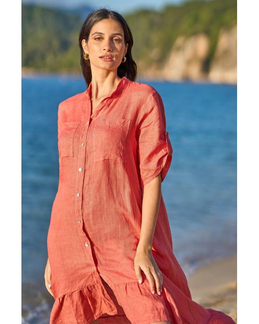 Yumi' Red Italian Linen Shirt Dress With Frill Hem