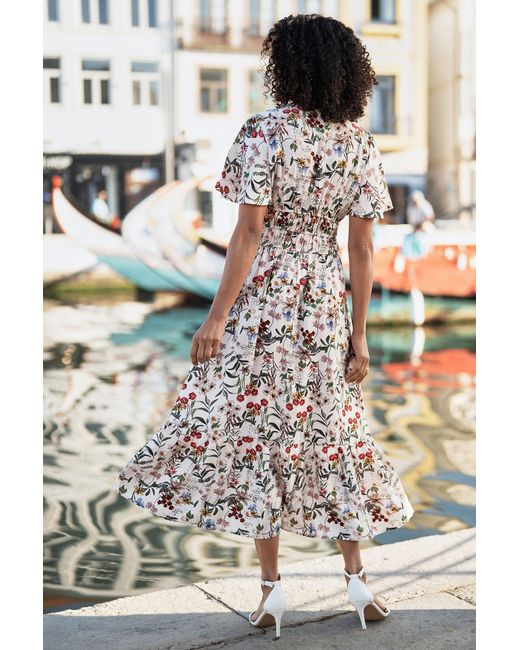 Yumi' White Botanical Print Viscose Midi Dress