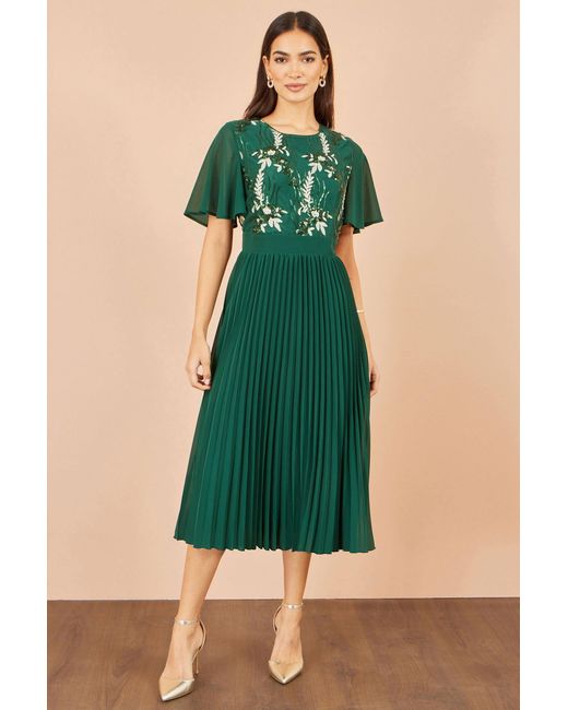 Yumi' Green Sequin Embroidered Pleated Midi Dress
