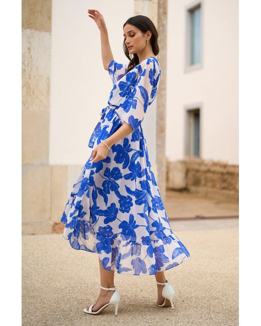 Yumi' Blue Kimono Sleeves Midi Dip Hem Wrap Midi Dress