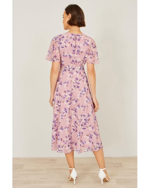 Yumi' Pink Blossom Skater Midi Dress With Angel Sleeves
