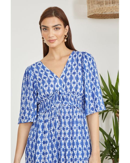 Yumi' Blue Aztec Print Maxi Dress With Cross Over Back