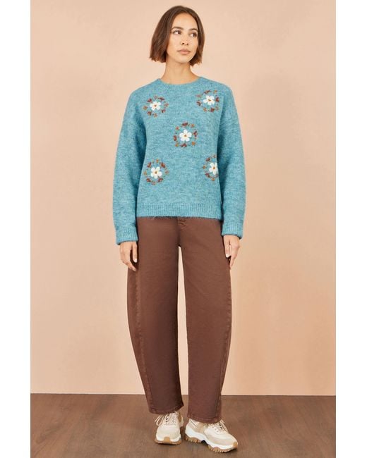 Yumi' Blue Patch Floral Embroidered Relaxed Jumper