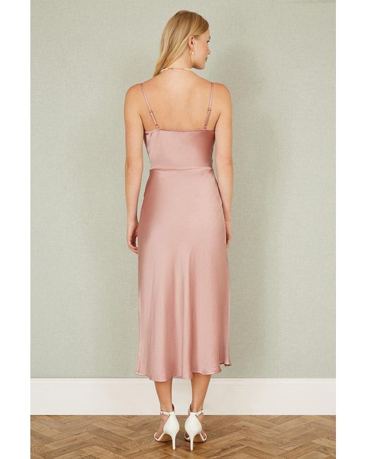 Yumi' Pink Rose Satin Cowl Neck Midi Slip Dress