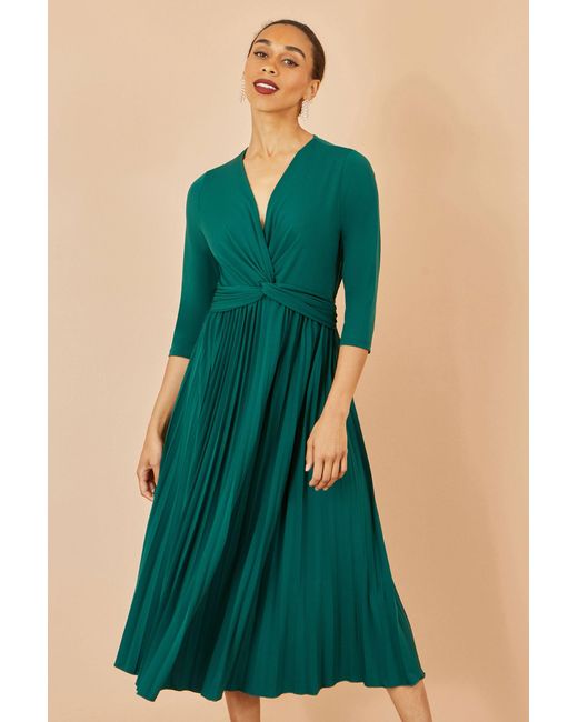 Yumi' Green Jersey Knot Waist Pleated Midi Dress