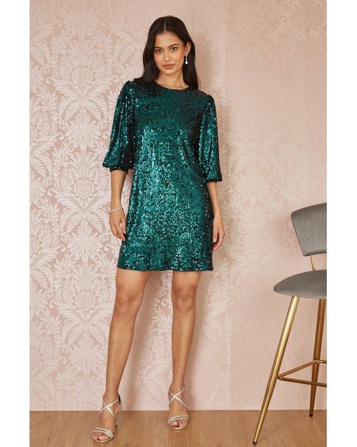 Yumi' Green Sequin Balloon Sleeve Tunic Mini Dress