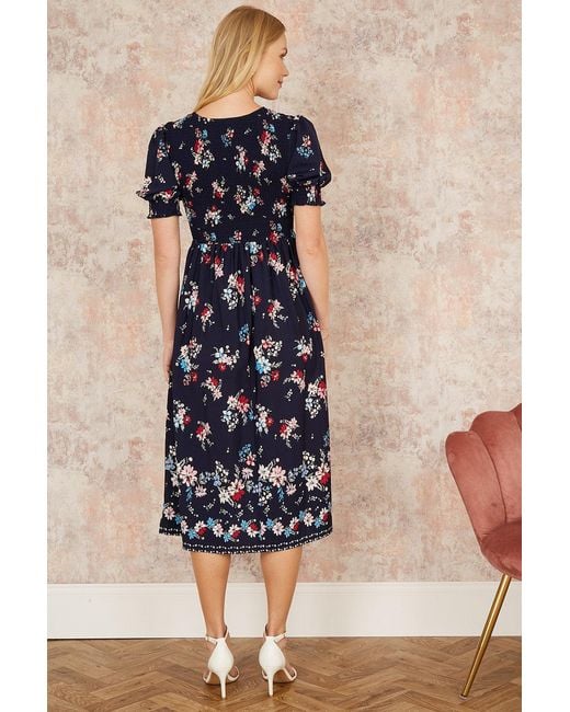 Yumi' Blue Recycled Floral Ruched Midi Dress With Puff Sleeves