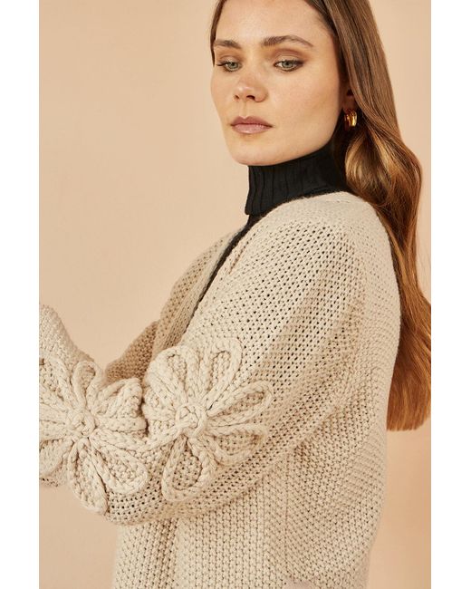 Yumi' Natural Edge To Edge Cardigan With Flower Detail Sleeves