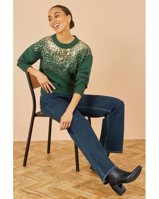 Yumi' Green Relaxed Knitted Jumper With Scattered Sequin Neckline