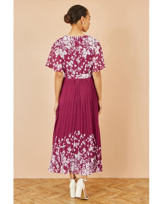 Yumi' Purple Mirror Floral Design Pleated Midi Dress