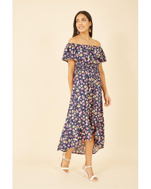 Mela London Blue Mela Bardot Floral High Low Maxi Dress