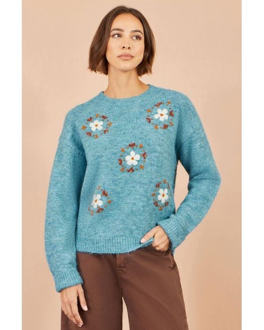 Yumi' Blue Patch Floral Embroidered Relaxed Jumper