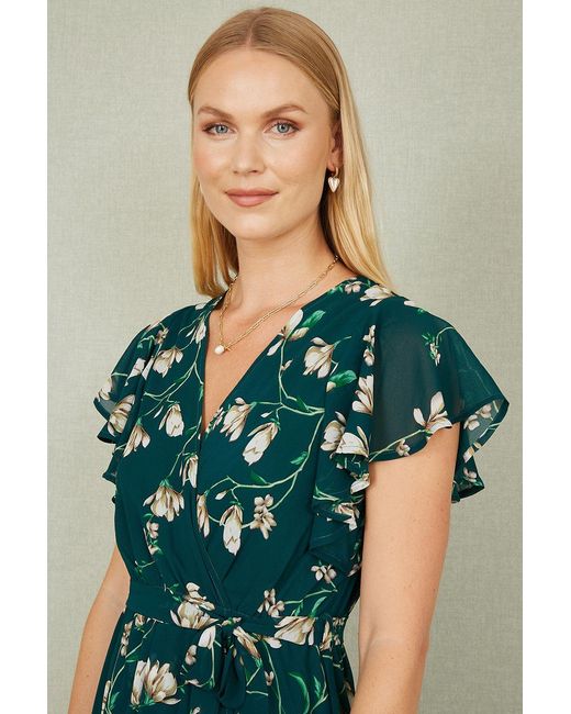 Yumi' Green Floral Wrap Midi Dress With Frill Hem