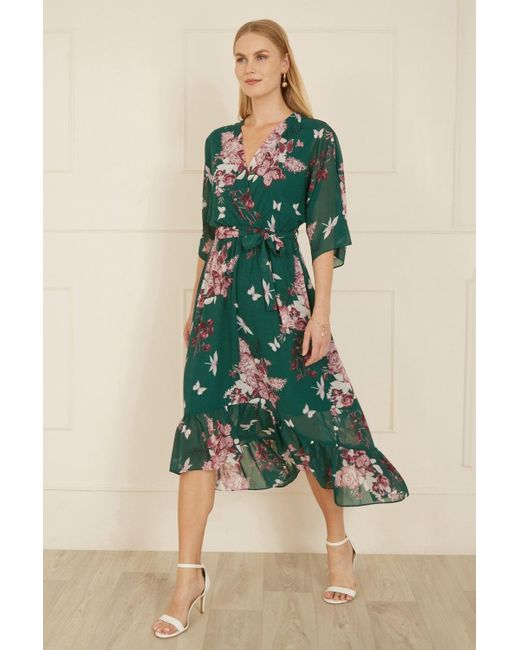 Yumi' Green Floral Kimono Dipped Hem Maxi Dress