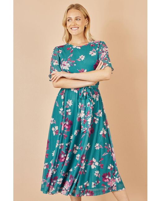 Yumi' Blue Mesh Skater Floral Midi Dress