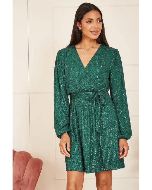 Mela Green Sequin Belted Wrap Long Sleeve Dress