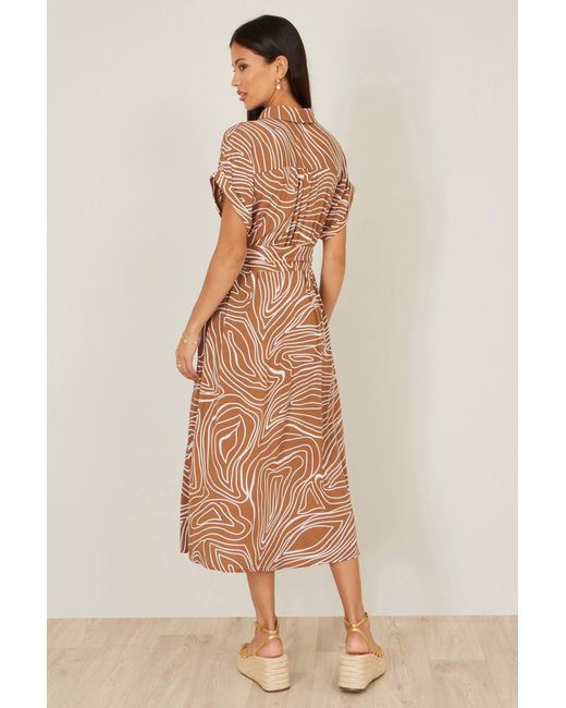 Yumi' Brown Abstract Swirl Print Relaxed Midi Shirt Dress With Belt