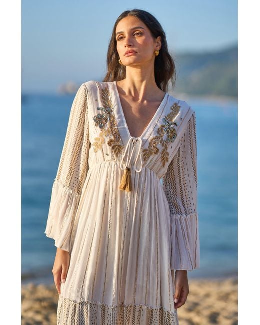 Yumi' Blue Metallic Embellished Maxi Dress With Long Sleeves