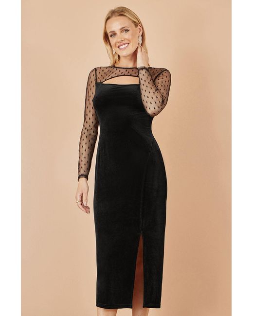 Yumi' Natural Velvet Midi Dress With Slash Neckline And Sheer Sleeves