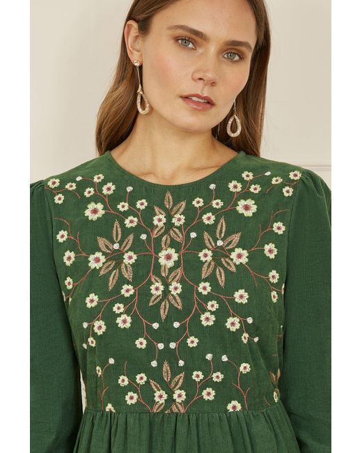 Yumi' Green Floral Embroidered Bodice Tiered Midi Dress