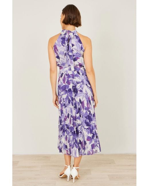 Yumi' Purple Abstract Floral Halter Neck Pleated Midi Dress