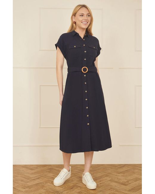 Yumi' Blue Viscose Linen Look Midi Shirt Dress With Wooden Belt