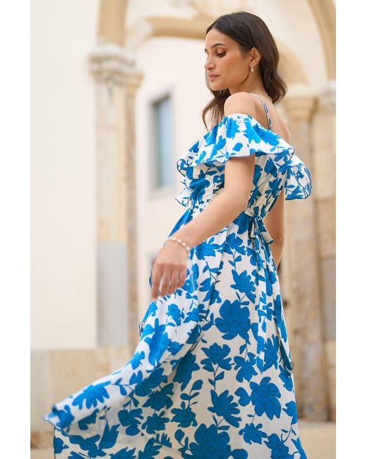 Yumi' Blue Floral Print Bardot Midi Dress With Dip Hem