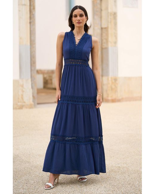 Yumi' Blue Lace Trim Cotton Midi Sun Dress