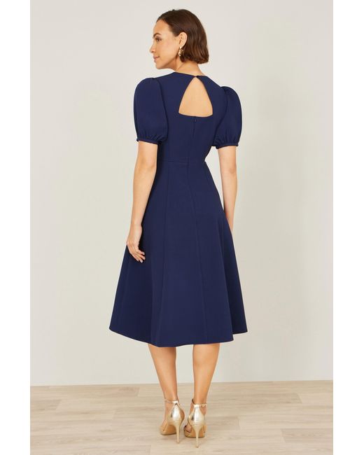 Yumi' Blue Skater Dress With Puff Sleeves And Buckle Detail